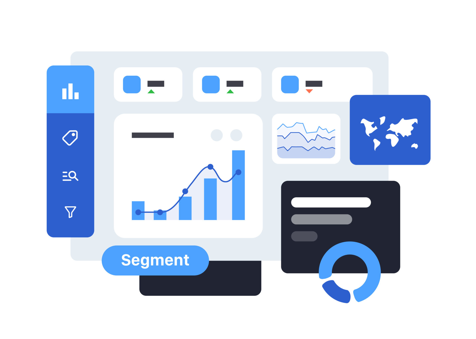 Interactive dashboard for visualizing complex business data. Clean layout with customizable charts, filters, and performance metrics. Flat Minimalist UI vector illustration