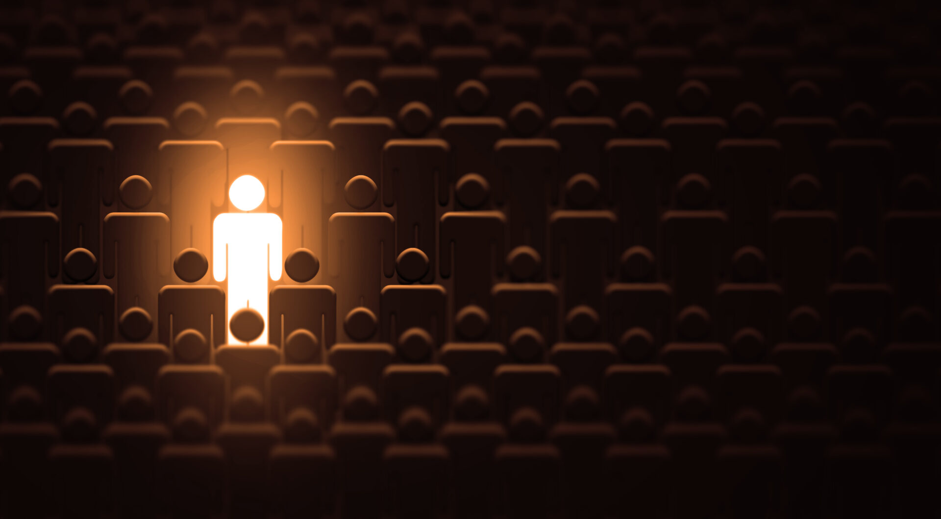 Shiny Man in a large Crowd Of Identical people. Bright talent Bu