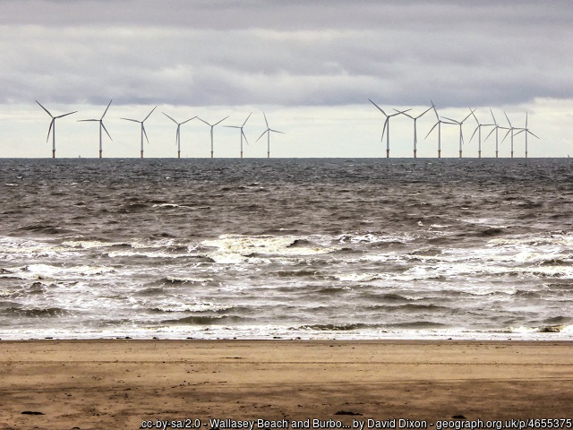 Burbo Bank wind farm from Wallasey Beach c David Dixon via CC BY SA .