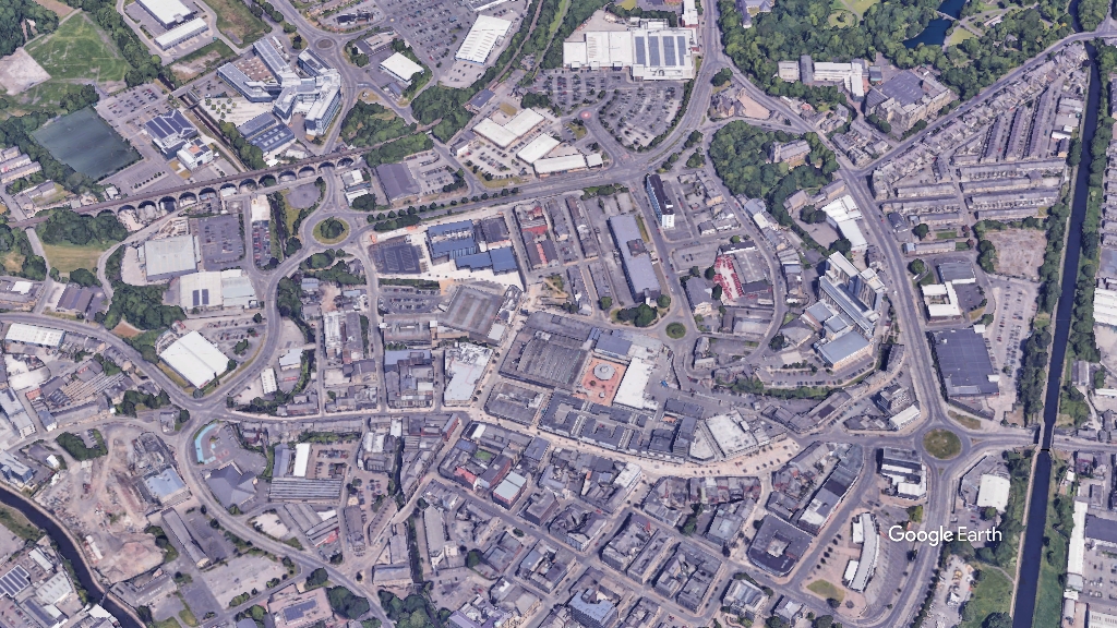 Burnley town centre, c Google Earth snapshot