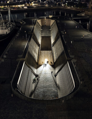 Canning Dock South Dry Dock night cgi, NML, c Asif Khan Studio