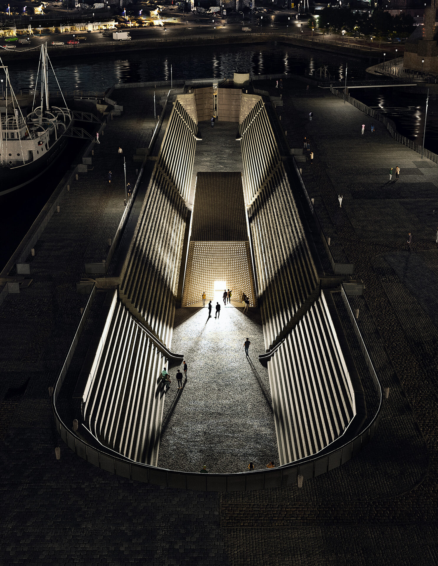 Night-time view of the South Dry Dock. Credit: Asif Khan Studio
