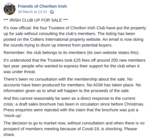 Chorlton Irish Club Facebook Post