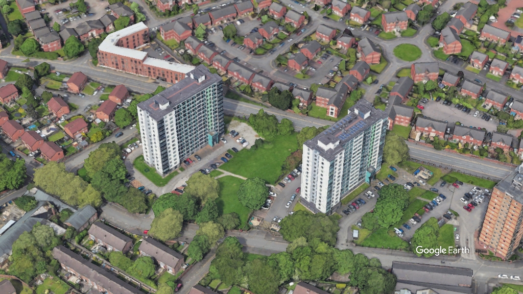 Delaney Heights and Adelphi Court, Guinness Partnership, c Google Earth snapshot