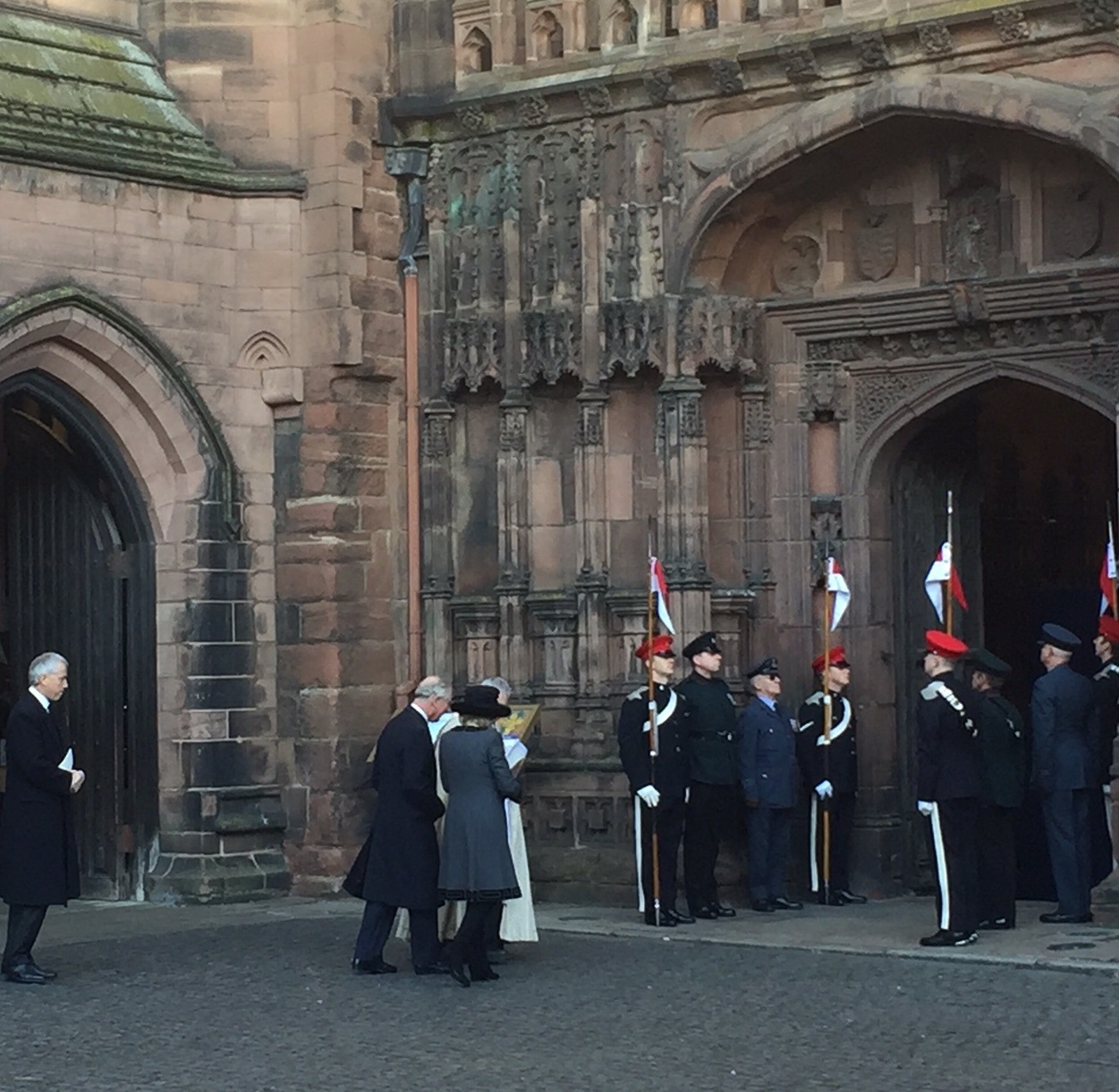 Prince Charles and Duchess of Cornwall are greeted by Dean of Chester
