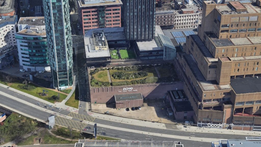 Echo printing hall, Old Echo Print Hall, c Google Earth snapshot