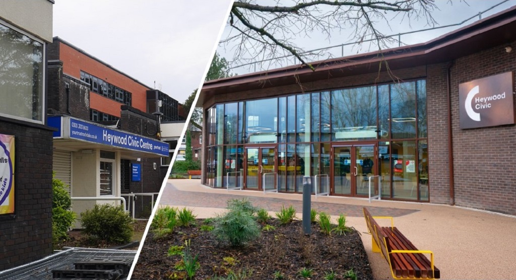 Heywood civic before and after, Rochdale Council, c K Architects and p Rochdale Council