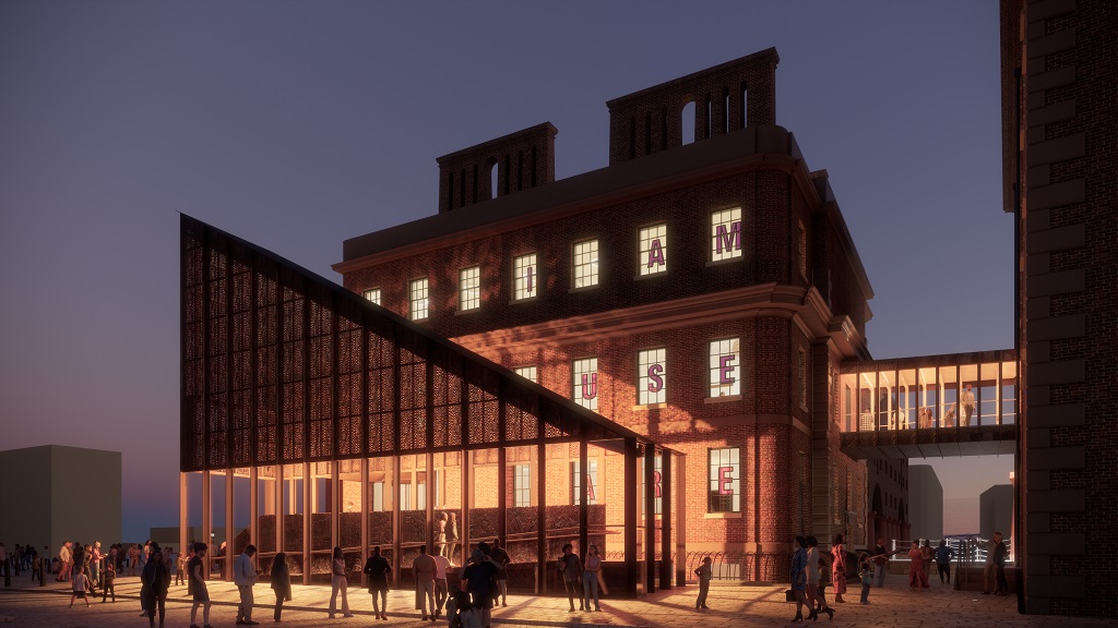 International Slavery Museum Link Bridge and Entrance Pavilion lit up at night, NML, c Feilden Clegg Bradley Studios