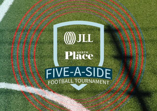 Crest logo for the JLL Five-a-Side Football Tournament over the corner of a football pitch