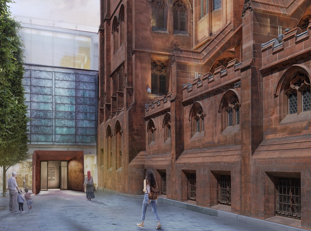 John Rylands Library entrance, University of Manchester, c Donald Insall Associates