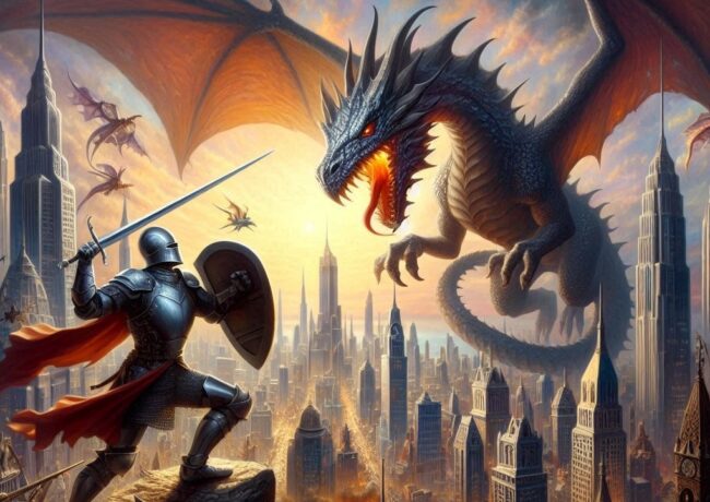 Knight fighting dragon, c Image is AI generated using Microsoft Designer
