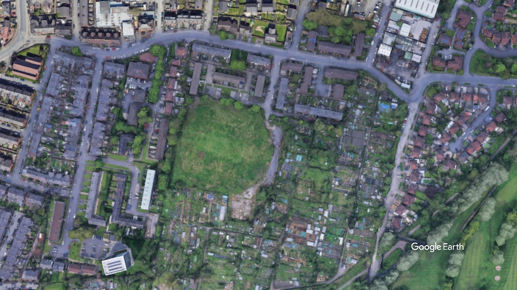 Levenshulme cricket club, Southway, c Google Earth snapshot