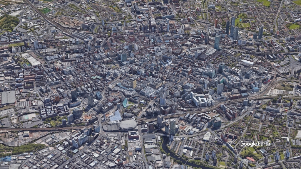 Manchester City Centre c Google Earth