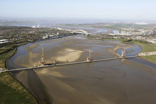 Mersey Gateway Aerial Of Bridge Construction In The Mersey Estuary