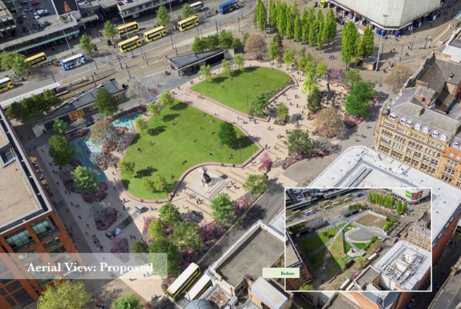 Piccadilly Gardens proposed and existing, Manchester City Council, p planning CGI by Virtual Planit Piccadilly Gardens proposed and existing, Manchester City Council, p planning CGI by Virtual Planit