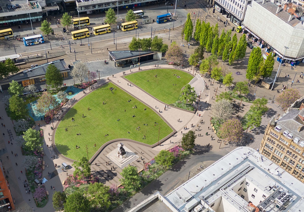 Piccadilly Gardens Drone View Manchester, MCC c Virtual Planit