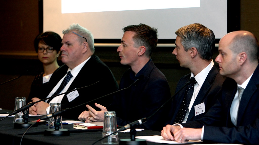 Panel, from left: Caroline Simpson, Stockport Council; Cllr Richard Farnell, Rochdale Council; Cllr Sean Anstee, Trafford Council; Neil Lucas, HOW Planning; Paul Smith, Housing The Powerhouse