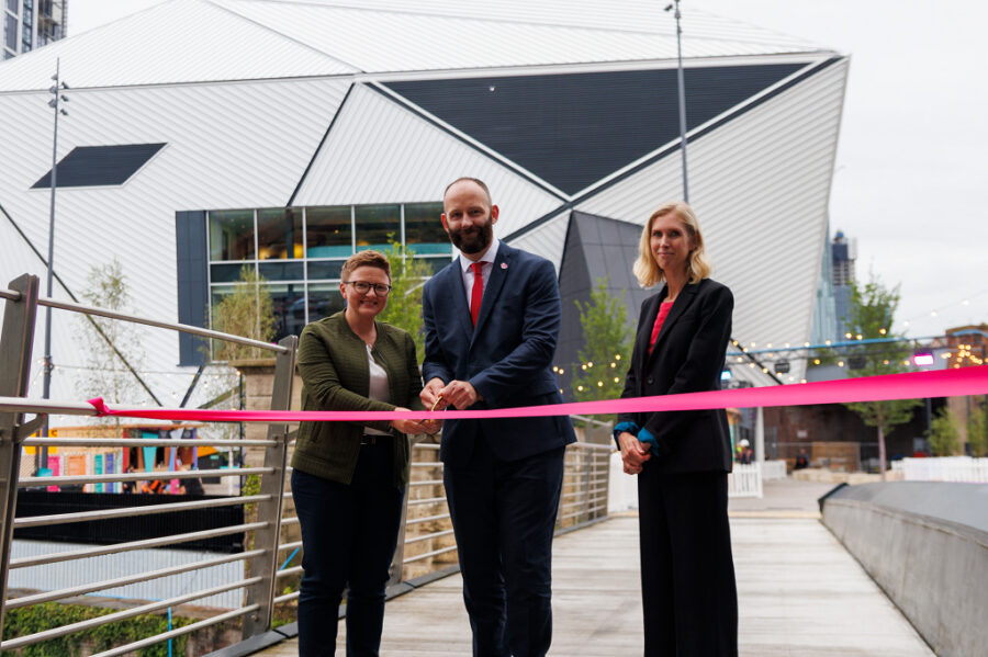 Salford City Mayor Paul Dennett, leader of Manchester City Council, Bev Craig and Jill Stephenson, principal development manager at Network Rail at Ordsall Chord, p Network Rail