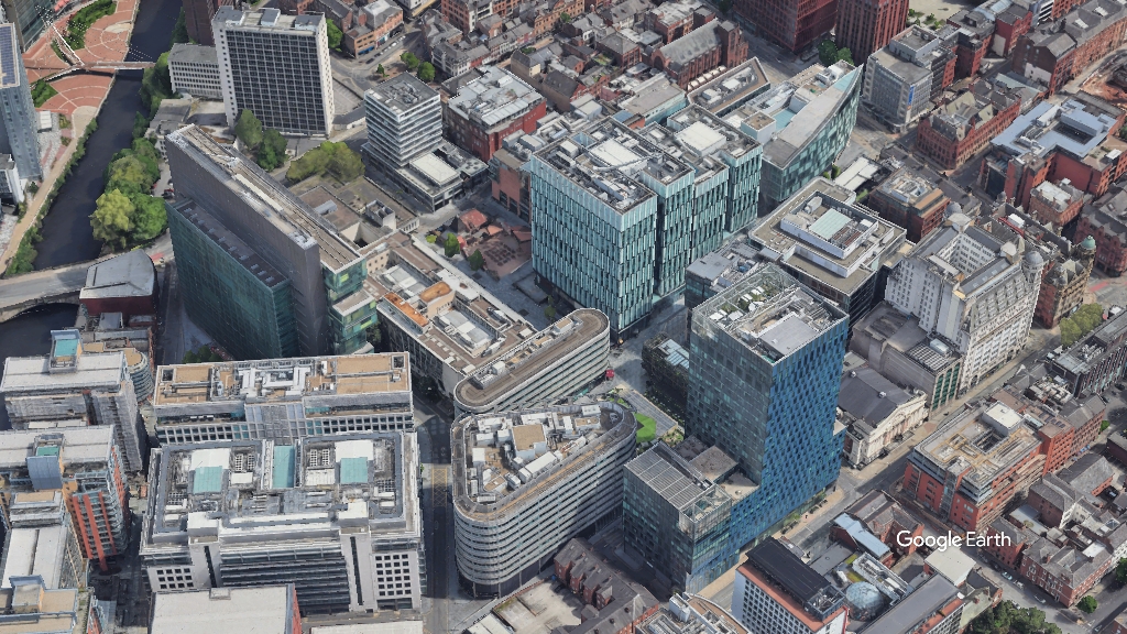 Spinningfields Manchester, c Google Earth snapshot