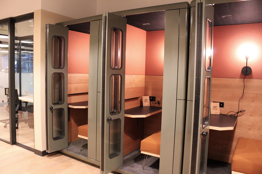 Soundproof booths are provided for phone calls