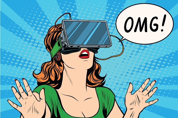 Retro woman wearing virtual reality headset and saying OMG!
