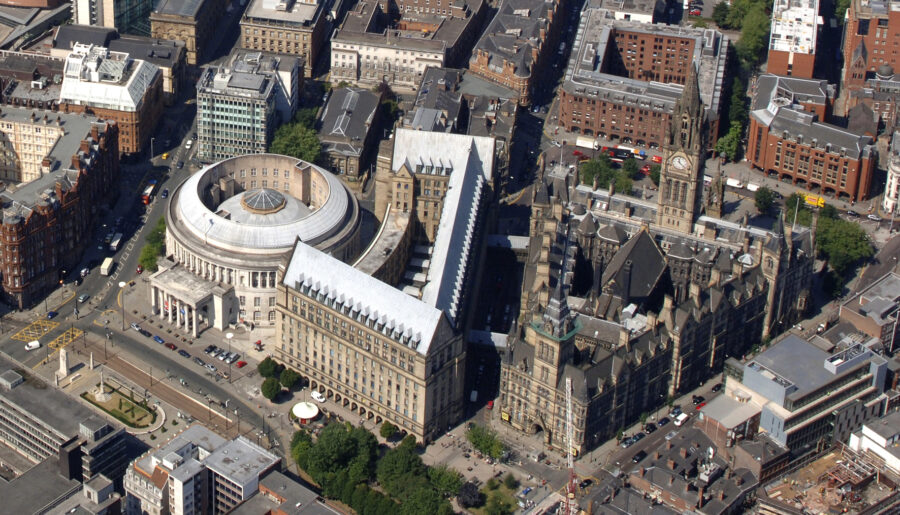  Aerial view showing Central Library and Manchester Town Hall Extension