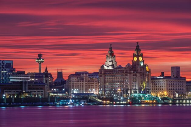 The Liverpool City Skyline With Blood Red Sky, Liverpool, Merseyside, England, UK. Image Shot 2015. Exact Date Unknown.